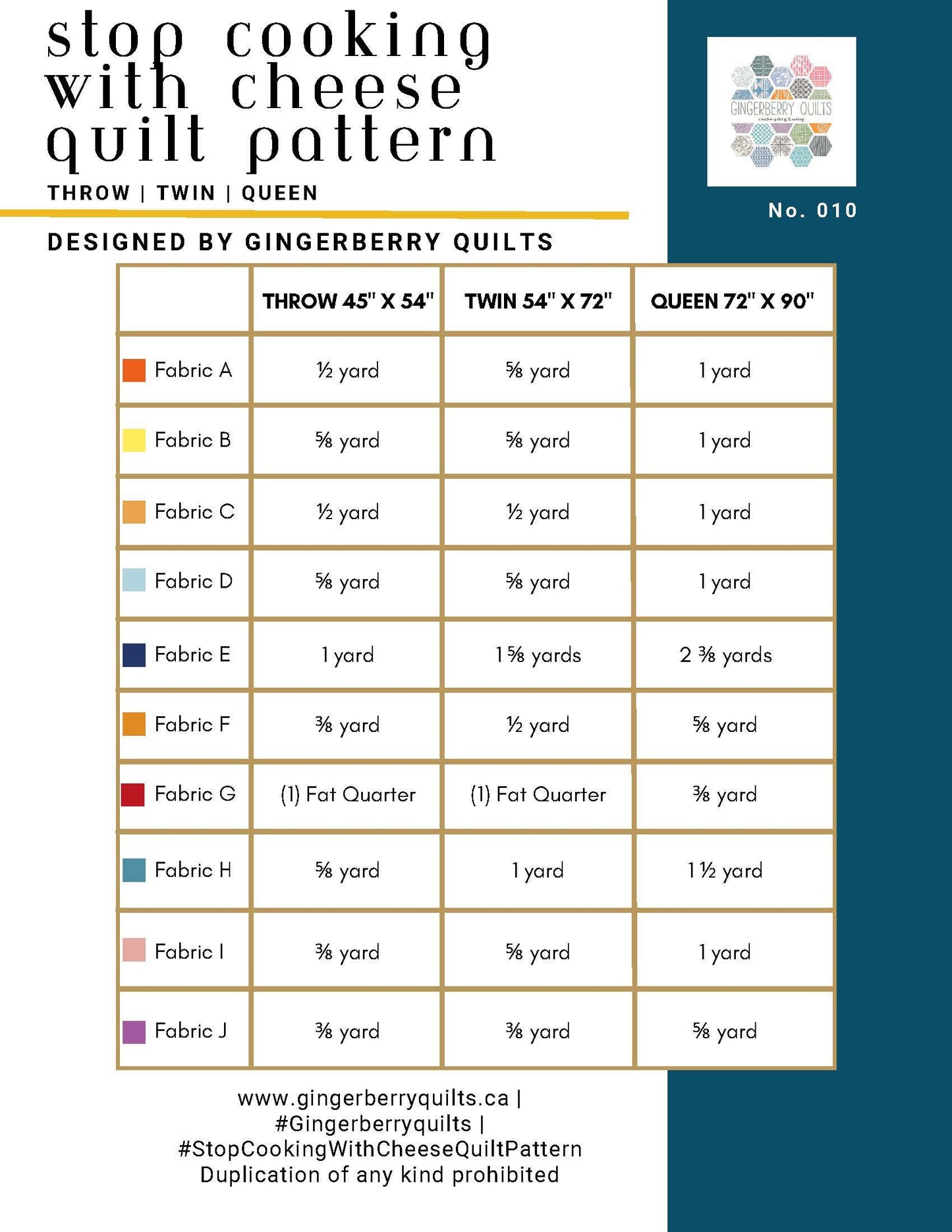 Stop Cooking With Cheese Quilt Pattern, Intermediate Level (Booklet)