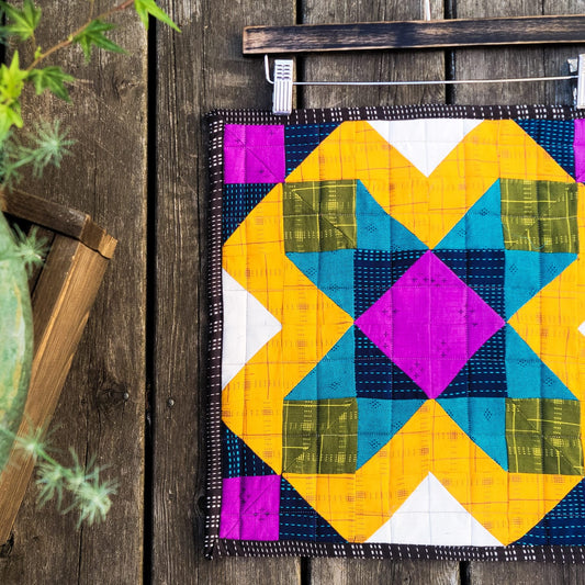 Barn Quilt - Gold, Pink, Blue and Yellow Art Quilt Wall Hanging original_0c5c85cb-41a0-4b3a-bacd-a8ffa57cc685 Wall Hanging Gingerberry Quilts