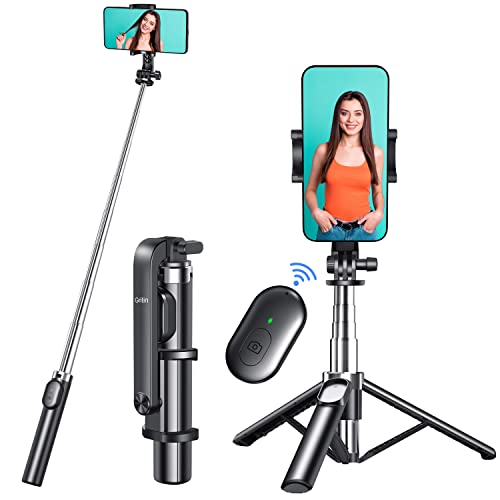 Gritin Selfie Stick, 4 in 1 Selfie Stick Tripod with Bluetooth Remote, 360 Degree Rotation Extendable Ultra Stable Bottom Design Selfie Stick Compatible with iPhone 14/13/13 Pro Max/12/11, Galaxy, Gopro,etc