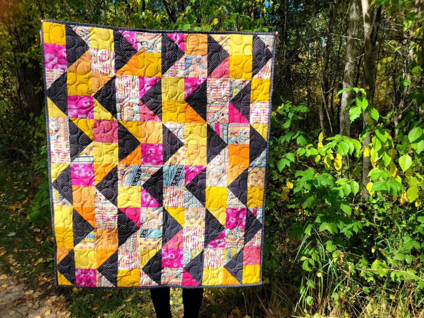 Bright yellow and pink quilt, Modern Quilt